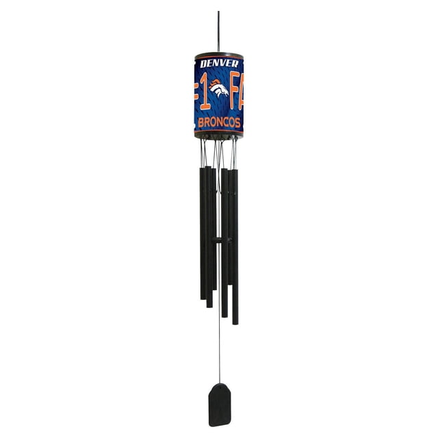 NFL Wind Chime Denver Broncos avec un Dessus Cylindrique Bleu Présentant un Texte de Fan orange #1 et le logo des Denver Broncos, six tubes en Aluminium Noir Mat, et un Capteur de Vent en Plastique Noir, Résistant aux Intempéries pour la Décoration de patio et de Jardin Extérieure Ou Intérieure.