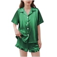 thumbnail image 1 of BLVB Girls Pajamas Satin Pajama Set Silk Pjs Short Sleeve Button down Shirts Summer Ruffle Sleepwear for Big Kids 5-15Y, 1 of 6