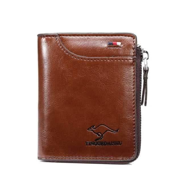 Mens RFID Blocking Leather Wallet Credit Card ID Holder Zipper Purse Waterproof in brown PU leather. Features a compact bifold design with 14 card slots, 1 ID window, 1 front pocket, and 1 cash pocket. Equipped with RFID Secure Technology to block unauthorized scans. Includes a zipper closure, waterproof material, and embossed kangaroo logo on the front. Ideal for men seeking a durable and secure accessory.