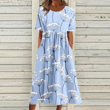 HWRETIE Women's Printed Summer Dress Short Sleeve Round Neck Vacation Dress With Pockets Casual Loose Fit Beach Dress