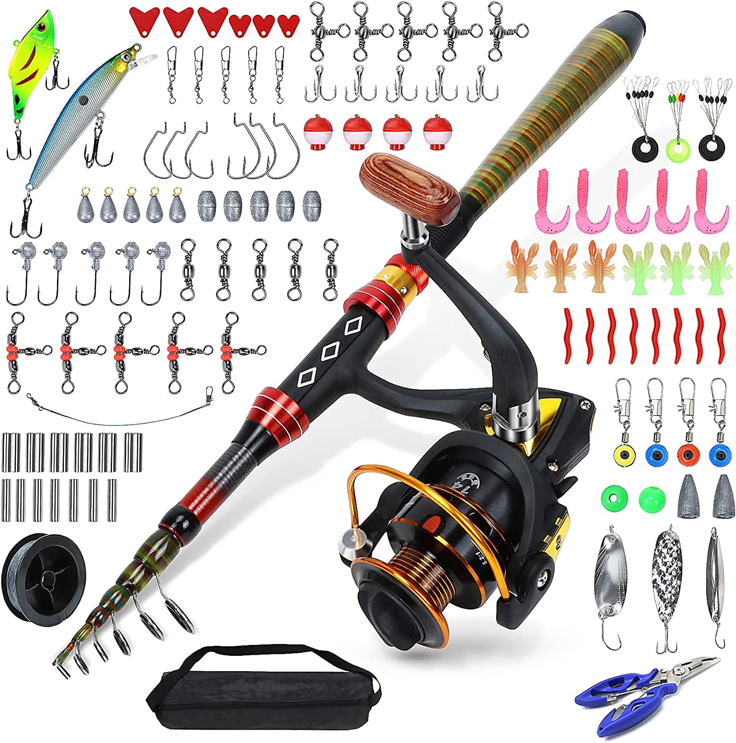 Fishing Rod, Fishing Starter Kit, Carbon Fiber Telescopic Fishing Pole and Fishing Hooks about 109 PCS, with Reel Combos, Portable Tote Bag, High-strength Alloy Wire Ring