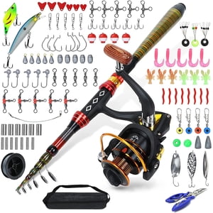 Fishing Rod, Fishing Starter Kit, Carbon Fiber Telescopic Fishing Pole and Fishing Hooks about 109 PCS, with Reel Combos, Portable Tote Bag, High-strength Alloy Wire Ring