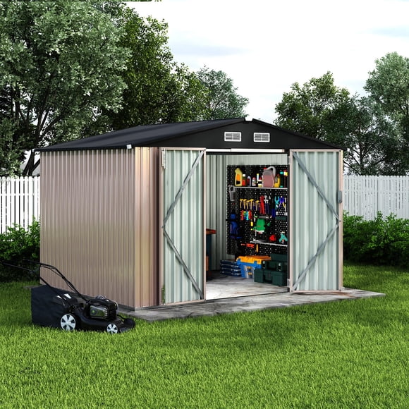 8x10 FT Outdoor Metal Storage Shed,Galvanized Steel Tool Shed with Lockable Double Doors,Utility Sheds Buildings with Air Vent for Backyard Garden Patio Lawn