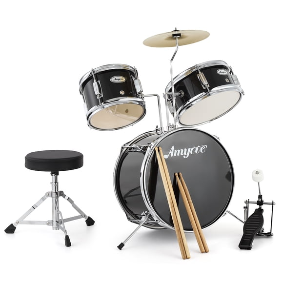 Junior Drum Set – 3-Piece for Kids & Beginners – Bass, Snare, Tom, 10" Cymbal – Includes Sticks, Pedal & Adjustable Stool – Percussion Kit– Black