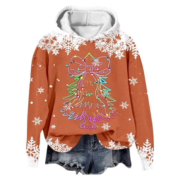 Autumn/ Winter 2025 Women's Christmas Print Hooded Long Sleeved Hoodie Ladies Sweat Shirt Tops Ladies Long over Sweaters Womens Fall Sweatshirts Hoodies Sweater Dress Women Colla Pullover Orange XXXL