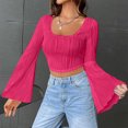 thumbnail image 2 of FAIWAD Women's Ruched Textured Crop Tops Bell Long Sleeve Square Neck Asymmetrical Streetwear Pullover Tops, 2 of 9