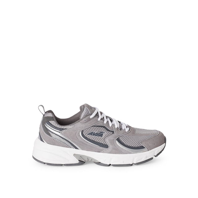 AVIA MEN'S RUNNING SHOE in grey with faux leather, suede, and mesh upper, round toe, lace-up closure, pull loop, and thick white rubber sole with grey accents and colour blocking, suitable for running and casual wear.