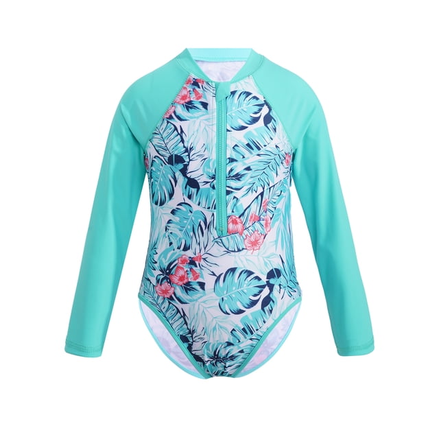 YONGHS Kids Girls Long Sleeve One Piece Swimsuits Zipper Rash Guard Swimwear UV Protection Bathing Suit Mint Green 8
