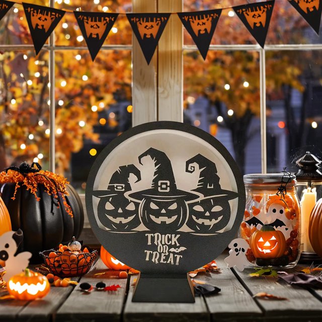WHEANG Halloween Decorations Indoor Glass Globe 6.3" Battery Operated LED Lights With Bat Pattern Black Halloween Decor For Table Home
