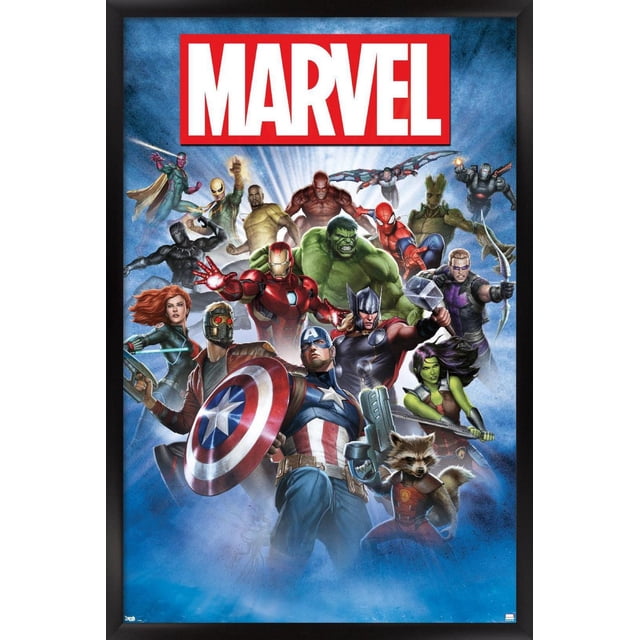 Marvel Comics - Affiche Murale de Photos de Groupe Présentant une Vue Encadrée et Orientée vers l'Avant des Superhéros Marvel, Y Compris Captain America avec Bouclier, Iron Man en Armure Rouge, Hulk, Thor avec Mjolnir, Spider-Man, Black Panther, Star-Lord avec blaster, Rocket Raton Laveur, Groot, Hawkeye avec Arc, Scarlet Witch et Falcon Volant, sur Fond Bleu avec des Faisceaux de Lumière radiant et le logo Marvel Rouge et Blanc en Haut.