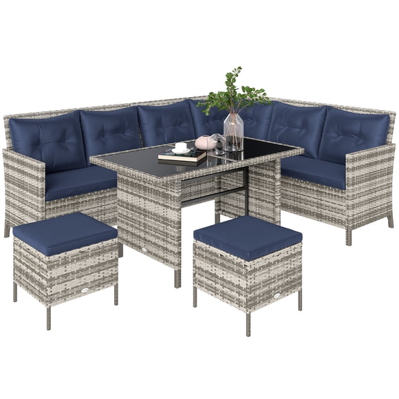 CoSoTower 6pcs Outdoor Rattan Sofa Set Garden Wicker Sectional Couch Furniture Set with Dining Table and Chair Sky Blue