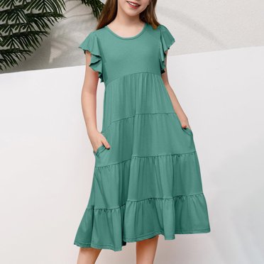 TopLLC Robe à Manches Courtes Col Rond Mode Été Nouvelle Robe à Manches Courtes Poches à Volants Col Rond Unie Girl Dress