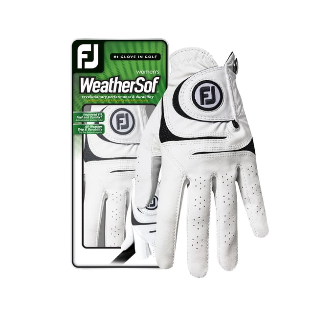 Woman's RH Medium WeatherSof Golf Glove in white with black accents, featuring perforated fingers and a ComforTab closure with the FJ logo on the wrist strap, designed for all-weather grip, durability, and advanced fit in golf.