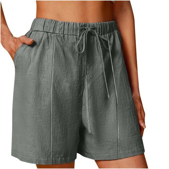 Annhoo Womens Plus Size Cotton Linen Shorts High Waisted Drawstring Wide Leg Solid Comfy Casual Shorts with Pockets