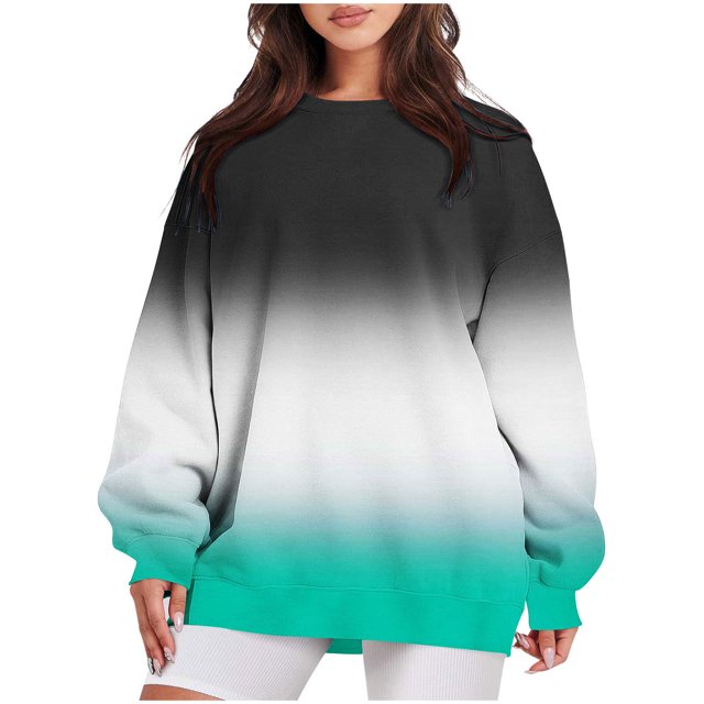 Pisexur Chandail pour Femmes, Mode, Dégradé, Col Rond, Chandails à Manches Longues, Hauts pour Femme, Chandail Tendance d'Automne, Chandail à Capuchon Léger pour Femmes, Décontracté, Ample, Ourlet Fendu, Chandail à Enfiler