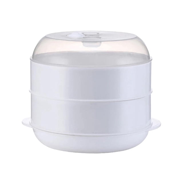 Microwave Heating Steamer Microwave Food Steamer for Vegetables Home Kitchen double layer. A white, double-layer microwave food steamer with a transparent lid and thick handles on both sides for easy handling. Features a honeycomb-shaped fine hole design for faster steaming and air circulation. Ideal for steaming vegetables, buns, dumplings, and other foods. Made of durable, food-grade PP material, measuring 21.5cm x 21.5cm x 16cm. Perfect for microwave cooking and healthy meal preparation.