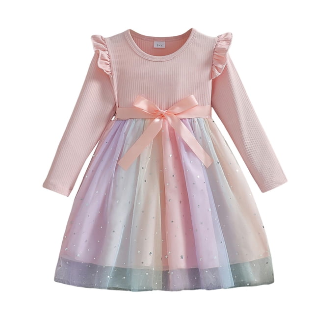WUANDIXFA Robe Smockée pour Fille Robe Tutu pour Enfant Robe en Chiffon pour Petite Fille Automne et Printemps à Manches Longues Robe de Fête Rose, 5-6 Ans