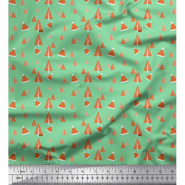 Soimoi Green Rayon Fabric Santa Cap & Tree Christmas Print Fabric by Yard 42 Inch Wide