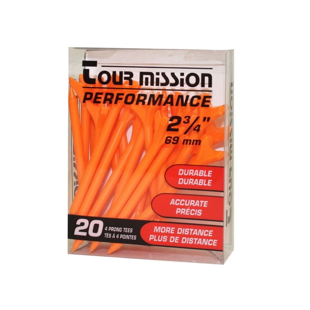 2 3/4" (69mm) Orange Performance Plastic Golf Tees by Tour Mission, pack of 20, durable plastic with polished surface and four-prong heads designed for improved distance and accuracy, bright orange for visibility, easy to insert and adjust, suitable for all skill levels.