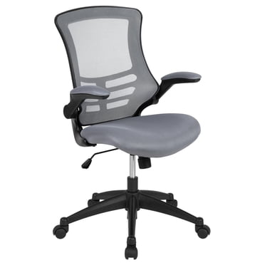 Chaise de bureau ergonomique pivotante en maille grise foncée à dossier mi-hauteur avec accoudoirs rabattables