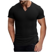 cfhntfmh Men's Muscle T Shirts 2025 Trendy Solid Color Tshirt Stretch Short Sleeve V Neck Workout Tee Shirts