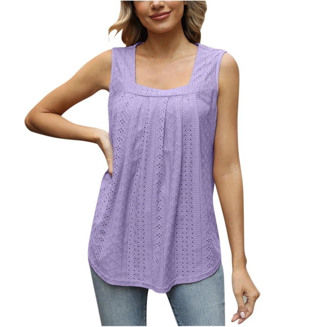 Dealovy Womens Eyelet Tank Tosps Summer Loose Square Neck Sleeveless Loose Beach Flowy Tunic Tops