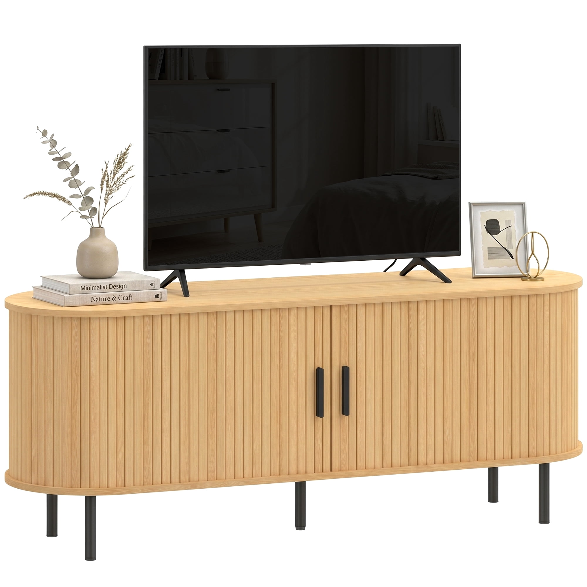 HOMCOM Meuble TV pour téléviseurs jusqu'à 60 po avec portes coulissantes incurvées, Bois naturel