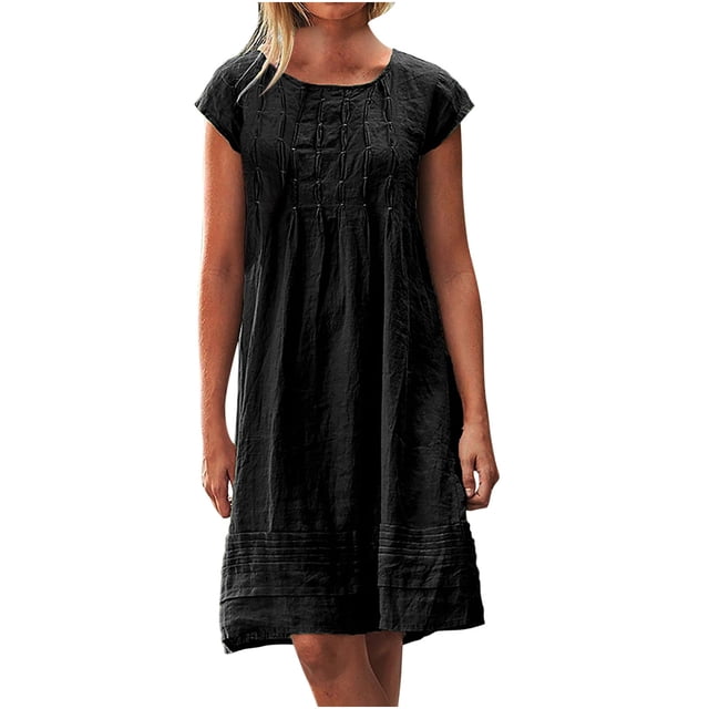 DPTALR Women's Cotton And Linen Crewneck Loose Short Sleeve Solid Mini Dress