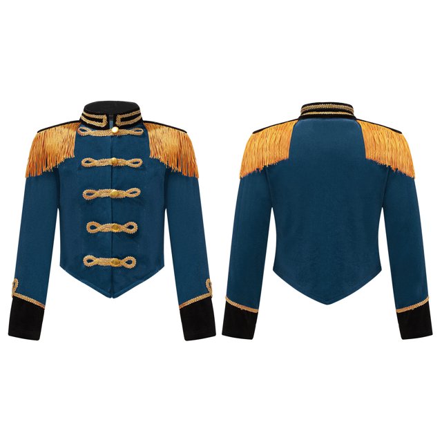 Aislor Veste à Manches Longues en Velours à Franges pour Enfants Cirque Groupe de Marche Uniforme Batteur Bleu Paon 8