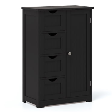 Gymax Bathroom Cabinet Floor Standing Storage Cabinet w/ 4 Drawers 1 Enclosed Cabinet Black