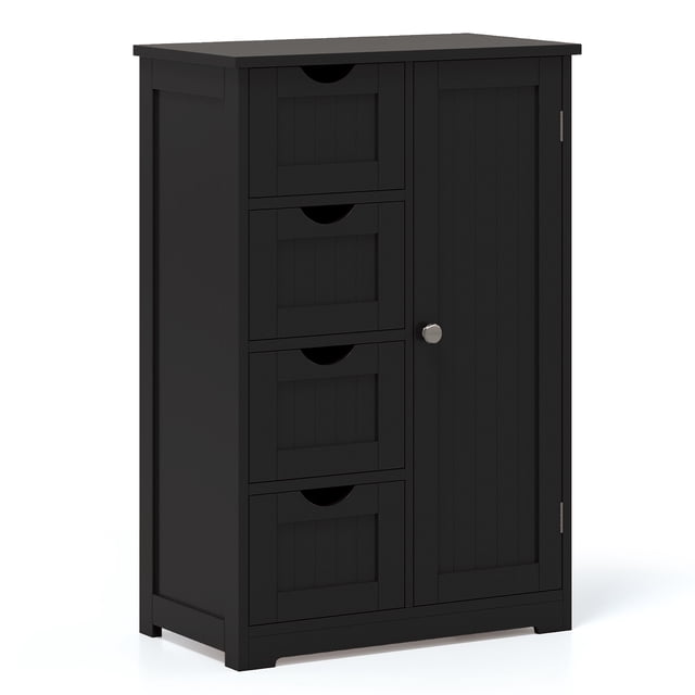 Gymax Armoire de Salle de Bain Autoportante en Noir, avec 4 Tiroirs Profonds, Poignées Découpées et une Armoire Fermée à 2 Niveaux avec Loquet Magnétique. Fabriquée en MDF et Bois d'Ingénierie, Elle Mesure 21,5 Pieds' x 12 Pieds' x 32,5 Pieds' (L x L x H). Sa surface Supérieure Spacieuse Offre un Rangement Supplémentaire pour Articles de Toilette Ou Déco, Tandis Que la Quincaillerie Anti-Basculement Assure un Montage Mural Sécuritaire. Idéale pour les Salles de Bain, Buanderies Ou Entrées.