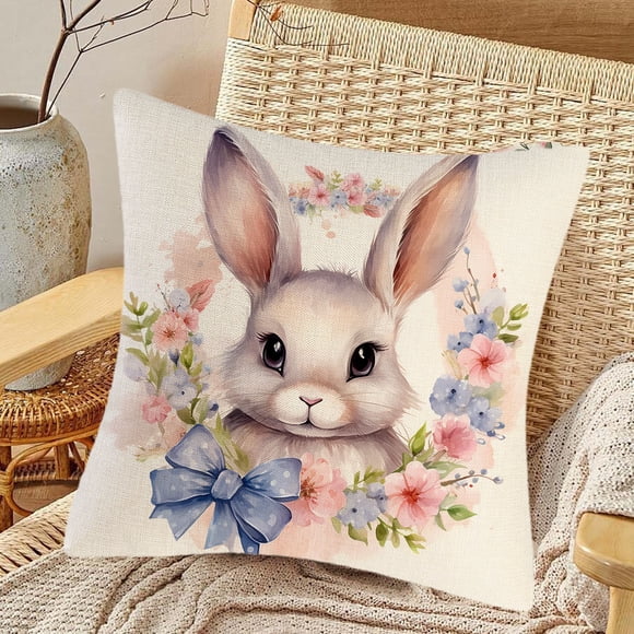 18IN Easter Bunny Eggs Linen Pillow Cover, Spring Throw Cushion Case for Sofa Couch Home Decor, Holiday Decorative Accent