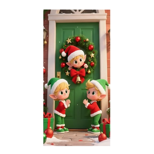 Qiulaii 2 Pcs Rideau de Porte de Noël avec Motif d'Elfes Festifs, Décor de Fond pour Fête des Fêtes, Tissu Suspendu en Polyester pour Célébration Intérieure Extérieure 90*185cm