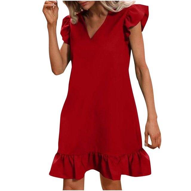 CHGBMOK Dresses for Women Robe Élégante à Volants Unie Ample à Manches Courtes à Col Rond S en Liquidation