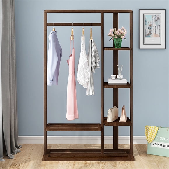 Wisfor 5 Tier Bamboo Clothes Rail Rack Portable Open Wardrobe for Hanging Clothes Garment Rack Stand