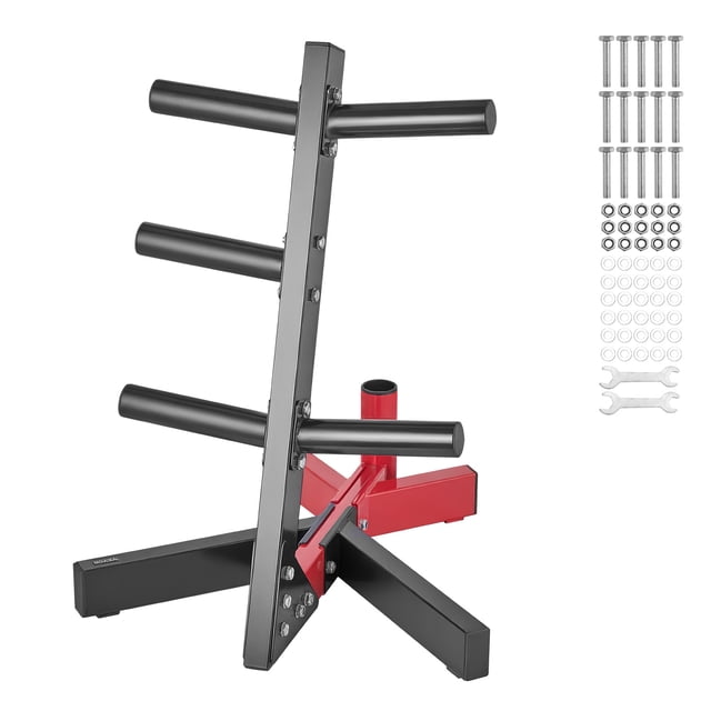 VEVOR Support de Disques de Poids, Arbre de Disques de Poids pour Gym à Domicile, Support de Rangement pour Barre avec Fini Enduit de Poudre Noir et Rouge. Conçu pour le Rangement au Gym, Il Comprend Quatre Bras Inclinés pour Organiser des Disques de 2 Pouces et un Support central pour Barres Ou kettlebells. Conception Compacte et Peu Encombrante. Comprend des Accessoires d'Installation et des Outils.