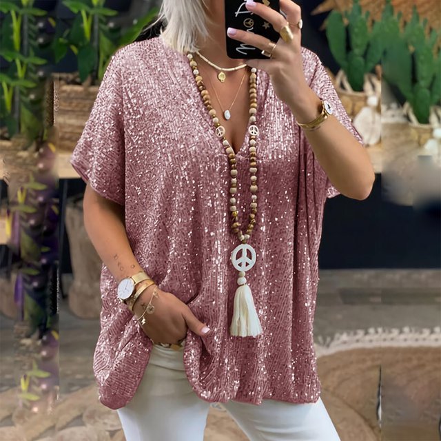 UPPADA T-Shirts à Col en V Grande Taille pour Femmes, Chemisier à Paillettes Scintillantes Imprimé pour Dames, Manches Courtes, Col Ras du Cou, Hauts Mignons