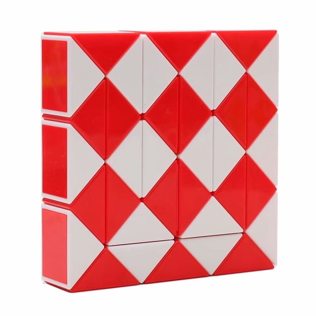 Magic Snake Twist Puzzle Twisty Toy Collection featuring 36 wedges in orange and white PVC plastic. The puzzle is shown in a compact square shape with alternating red and white diamond patterns. Designed for creative play, it can be twisted and shaped into various imaginative forms, making it a versatile brain teaser for children and adults.