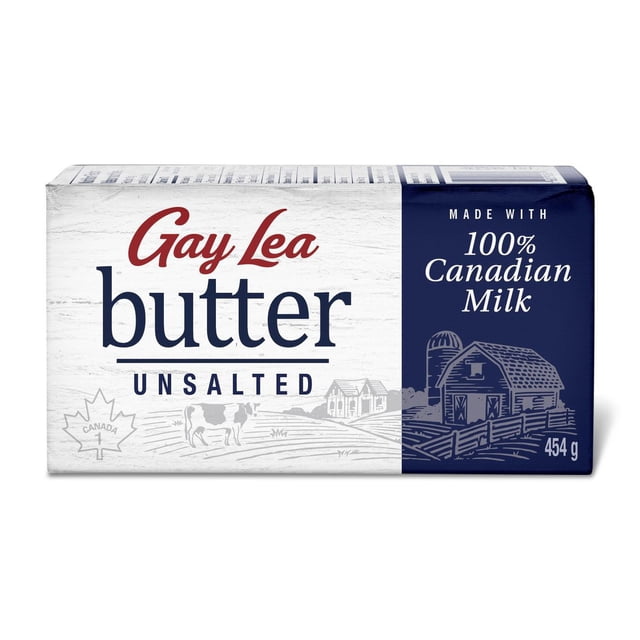 Gay Lea Butter Non Salé Bloc de 454 g Fait avec 100 % de Lait Canadien, Emballé dans un Emballage Blanc et Bleu Marine avec des illustrations de Ferme et de Feuilles d'Érable, Convient à la Cuisson, à la Pâtisserie, à la Friture Ou à la Tartinade.