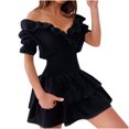 thumbnail image 1 of Pompotops Women's Fashion Casual Solid Color Short Sleeve V-Neck Ruffle Large Swing Dress, 1 of 8