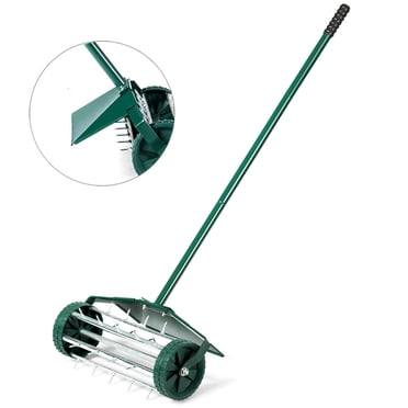 Gymax Aérateur de Pelouse Roulant de 18 Pouces, Pointe Pousse-Pousse Rotative pour Aération du Sol avec Garde-Boue