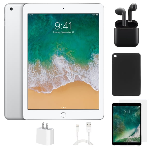 iPad Apple Remis à Neuf 7e Gén. A2197 (Wi‐Fi) 32 Go Argent (Grade A) Ensemble avec Étui, Écouteurs Sans Fil, Protecteur d'Écran en Verre Trempé