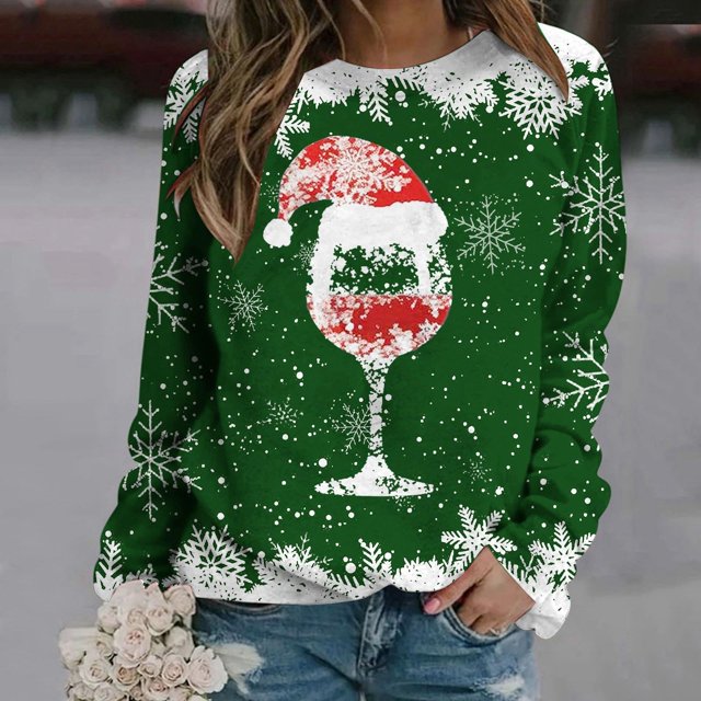 TIMIFIS Chandail en Molleton de Noël pour Femmes Mode Hiver Mignon Verre de Vin Chapeau de Père Noël Imprimé Col Rond Chandail en Molleton Décontracté Manches Longues Chandail Hauts Cadeaux pour Femmes pour Noël