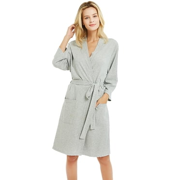 U2SKIIN Peignoirs pour Femmes, Peignoir Léger en Coton Manches 3/4 Tricoté Doux Vêtement de Nuit Tenue de Détente pour Dames,(Gris Chiné,m)