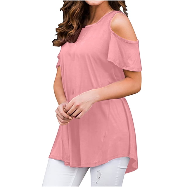 Off the Shoulder Shirts for Women Summer Short Sleeve Solid Color Tank Top Ladies Plus Size Beach Flowy Tees Blouse (Large, Pink)