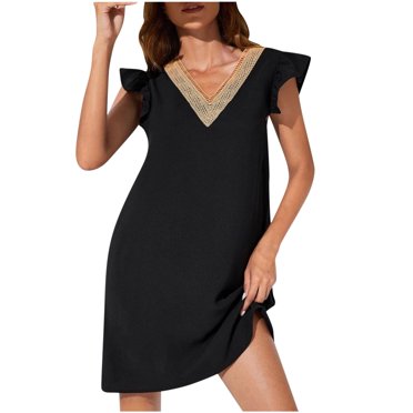 Robes d'Été pour Femmes 2023 Robes pour Femmes Liquidation Mode d'Été Décontractée Robe Unie à Volants Manches Courtes Col en V
