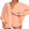 thumbnail image 3 of Summer Women Casual Two Pieces Tracksuit Half Sleeve Button-Down Shirt High Waisted Shorts Set, 3 of 5