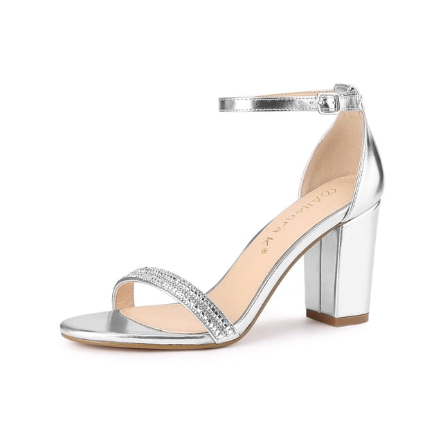 BLISSFUL STEP Women's Sandals Rhinestone Chunky Heel Ankle Strap Open Toe Party Shoes in silver, size 9. Crafted with faux leather vamp, rubber outsole, and ABS chunky heel for durability. Features a rhinestone strap, buckle ankle closure, and open toe, perfect for spring and summer events like parties, weddings, and casual outings. A stylish choice for women's heels and chunky heel sandals.