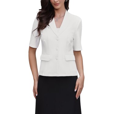 INSPIRE CHIC Short Sleeve Blazer for Women Summer Button Business Casual Office Work Suit Jacket XL Cream White