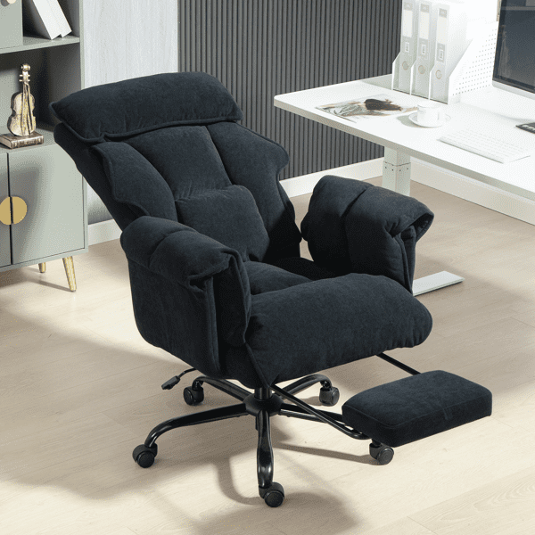 Soft-Cushioned Computer Chair with Foot Rest, Fabric Home Office Desk Chairs, Big and Tall Office Chairs, Black